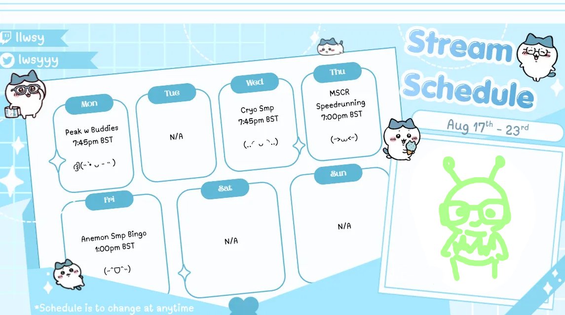 lwsyyy's tweet photo. ദ്ദി◝ ⩊ ◜.ᐟ #Stream Schedule ✎ᝰ
ᯓ➤ Aug 17th - 23rd 𑣲

⤷ ゛ Mon - #Peak w Buddies: 7:45pm BST ˎˊ˗
⤷ ゛ Wed - #Cryosmp: 7:45pm BST ˎˊ˗
⤷ ゛ Thur - #MSCR Speedrunning: 7pm BST ˎˊ˗
⤷ ゛ Fri - #Anemonsmp Bingo: 1pm BST ˎˊ˗

https://t.co/FSdFKNi2Xs◝(ᵔᗜᵔ)◜ https://t.co/680O9N2OCk