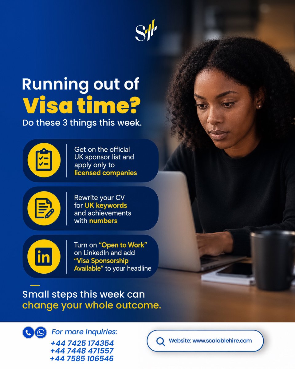 Scalablehire's tweet photo. If visa time is stressing you out, let this Monday be the week you take back control.

Most people get stuck because they’re doing 3 things wrong.  
We’ll help you fix them.

We provide strategic job support, CV revamps, LinkedIn optimization, and career mapping for professionals already in the UK, Canada, and across Europe.

Comment your dream role and country and we’ll send you 1 specific tip to get you closer this week 👇