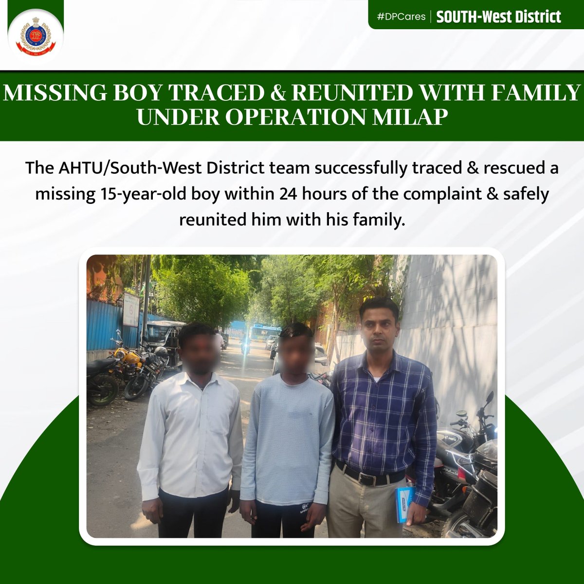 dcp_southwest's tweet photo. ЁЯСоЁЯП╗Under #OperationMilap, AHTU/SWD displayed swift, coordinated & dedicated efforts to trace a missing 15-year-old boy reported missing from PS Sagarpur.
The team traced the boy at Delhi Cantt Railway Station & safely reunited him with his family.
@DelhiPolice
@CPDelhi
#DPCares https://t.co/QLStcHRMzs