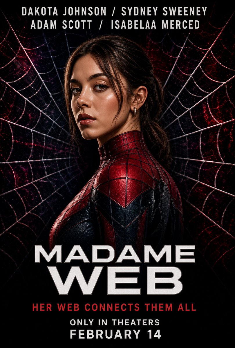 scenetherapy's tweet photo. Sydney Sweeney–Madame Web (2024)
A Marvel origin story following paramedic Cassandra Webb (Dakota Johnson), who develops powerful clairvoyant abilities after a near-death experience. She must protect three young women — including Sydney Sweeney’s character — from a deadly assassin while unraveling her own mysterious past. The film blends action, psychic thrills, and spider-themed destiny as her web connects them all. Released February 14, 2024.