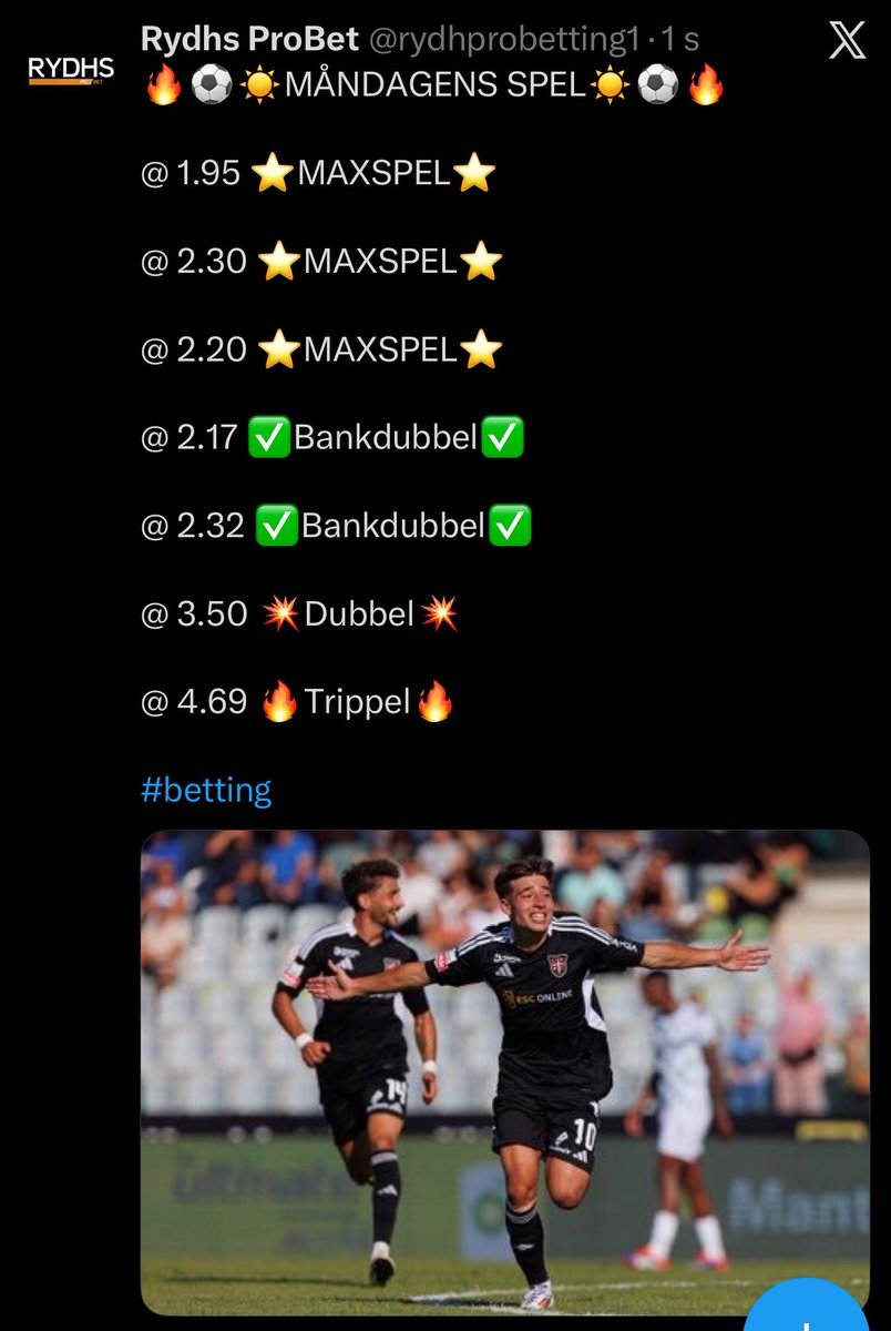 rydhprobetting1's tweet photo. ✅59 kr för VECKANS alla spel ✅

✅29 kr för MÅNDAGENS spel ✅

Skriv på DM vid intresse, spelen skickas ut direkt vid betalning på DM❣️👏🏼⚽️🔥

💵Swish/Revolut/PayPal💵

‼️Första spelstopp kl. 19.00‼️

#betting https://t.co/xilukdWeLa