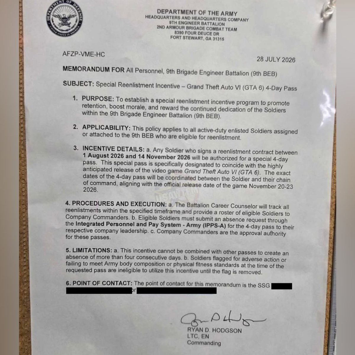 Dexerto's tweet photo. A US Army battalion is reportedly offering troops four days off to play GTA 6 as an incentive to re-enlist

The signed document says soldiers who re-enlist between August 1 and November 14 can receive a four-day GTA 6 pass https://t.co/VoGo38knrd