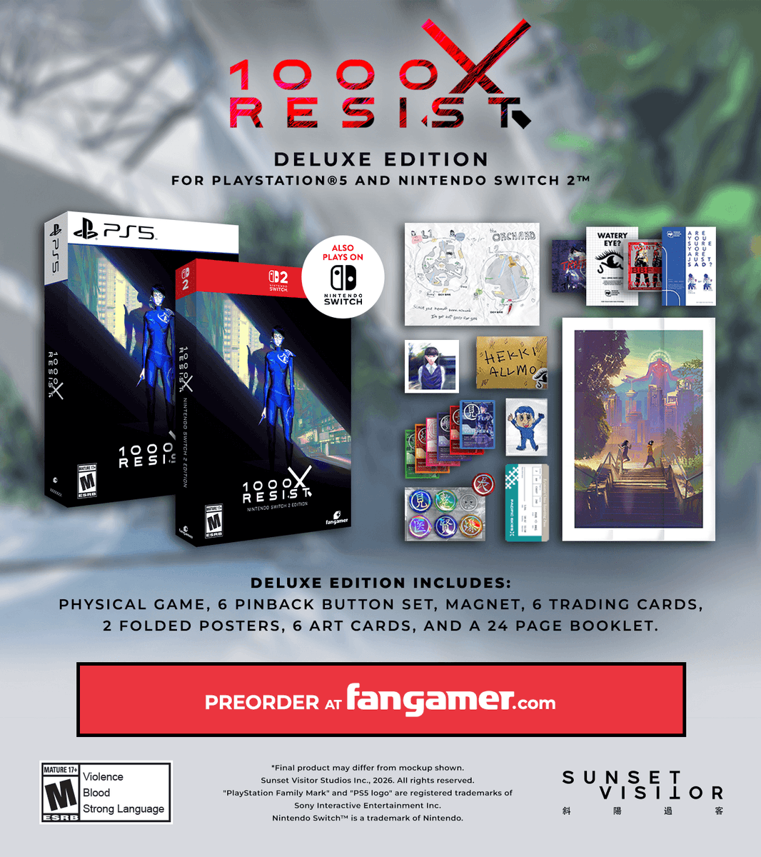 Fangamer's tweet photo. 1000xRESIST physical editions are coming! 

Standard and Deluxe editions are available to preorder now for Nintendo Switch 2 or PlayStation 5: https://t.co/P8hn9SJoKc https://t.co/rvX03V0Jrq