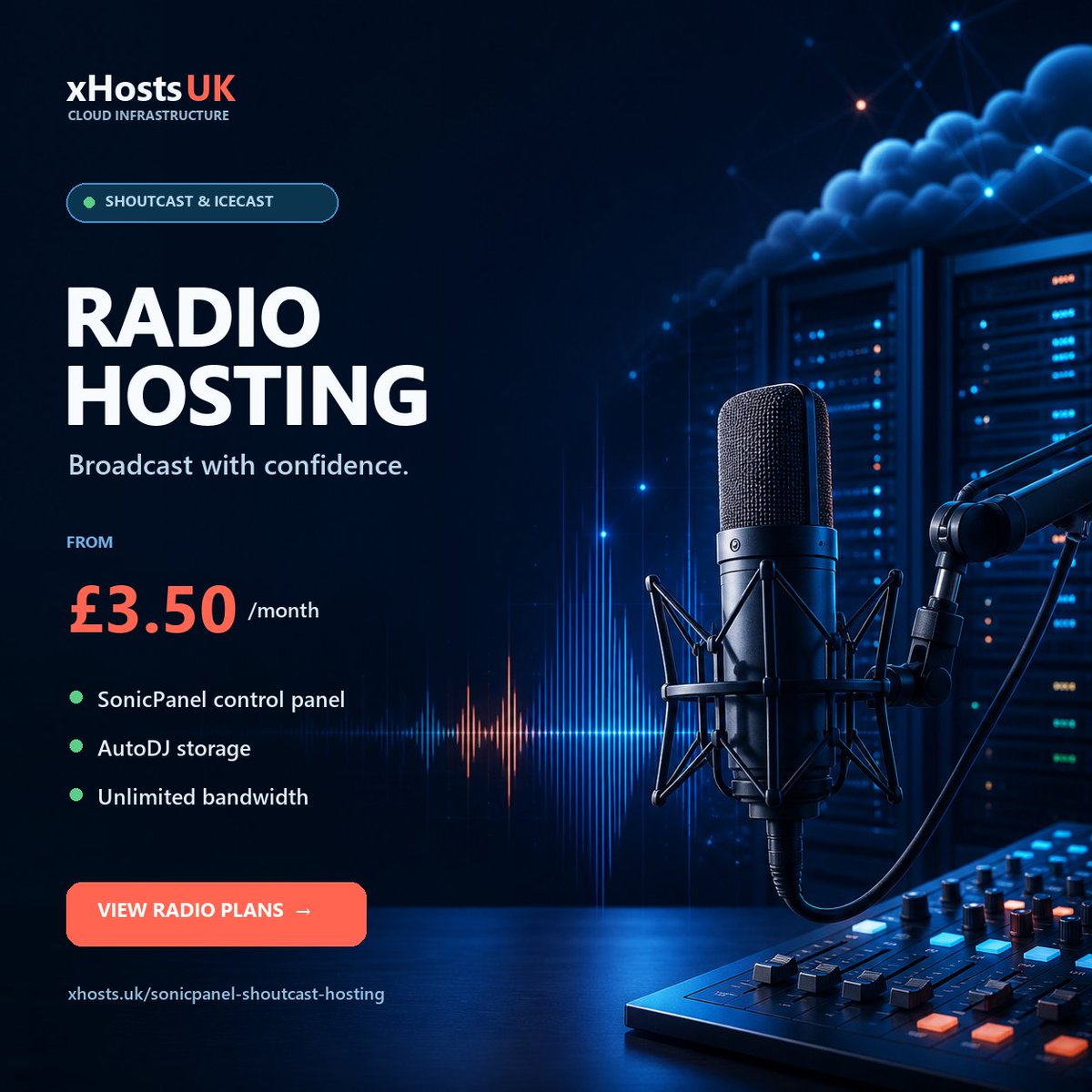 xHostsuk's tweet photo. 🎙️ Launch your internet radio station with xHosts UK.

✓ Shoutcast &amp; Icecast
✓ SonicPanel + AutoDJ
✓ Unlimited bandwidth
✓ UK-hosted infrastructure
✓ Plans from £3.50/month

https://t.co/vH5FWIAam7

#InternetRadio #Shoutcast #RadioHosting https://t.co/FUJHntNxCN