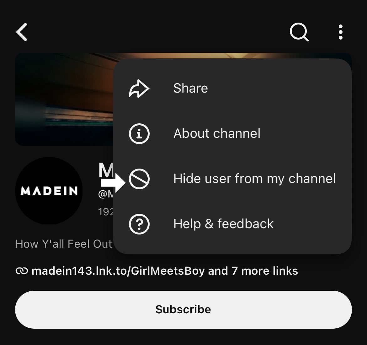 TheSevenPact's tweet photo. As Mashiro’s solo debut approaches, we recommend blocking MADEIN’s official accounts on YouTube, X, TikTok, and all other platforms.

Starting August 24, YouTube will reportedly count a view as soon as a video begins playing, with no minimum watch time required. Because of this, please avoid accidentally boosting their content.

Please do not engage, interact, view, like, repost, or comment on MADEIN’s official content across any platform. Blocking the accounts can help prevent accidental engagement.

How to block MADEIN on YouTube:
Go to their profile → tap the three dots (⋯) → select “Hide user from my channel.”

Let’s continue supporting the members without financially benefiting 143 Entertainment.