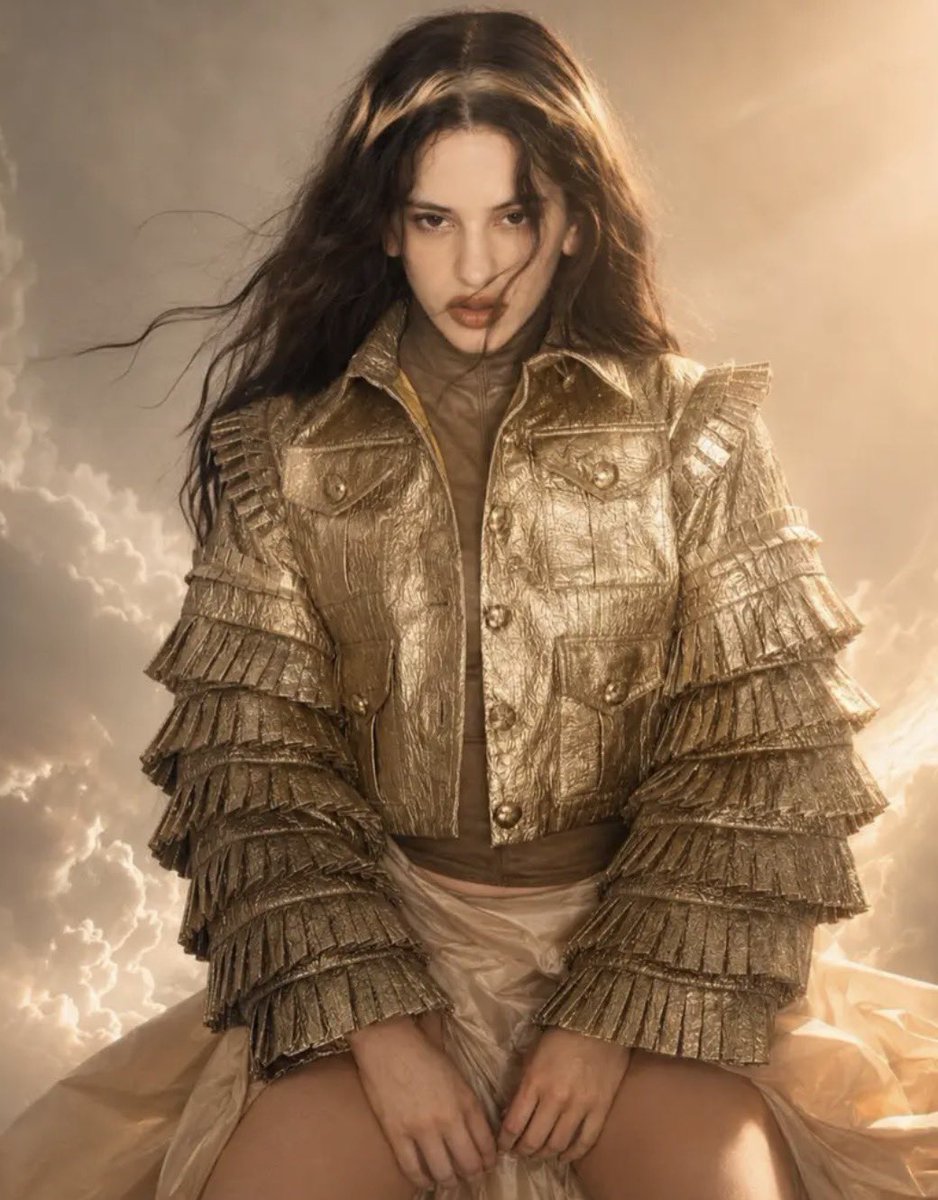 updaterosalia's tweet photo. Carlos Pineda, a Mexican designer, created a custom-made gold jacket for ROSALÍA, inspired by the singer’s personality and the aesthetic of the LUX era.

Carlos travelled from his hometown to Guadalajara to personally deliver the piece to the artist. ROSALÍA received the gift and went on to wear the jacket on stage during last night’s show.