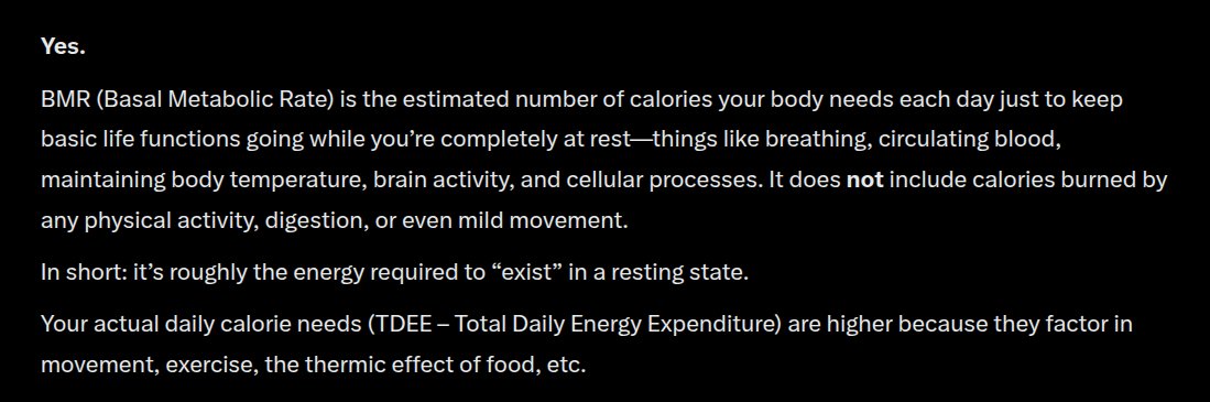 AlbeitGermane's tweet photo. BMR is what I need in calories, to basically exist?

https://t.co/N5pev0Dwqw https://t.co/IiCVKetZDY