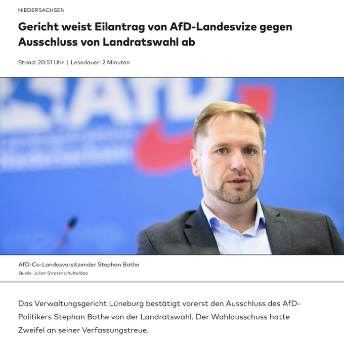 BJilge's tweet photo. Wenn Oppositionelle von der Wahl ausgeschlossen werden ist die Demokratie am Ende. Jeder weiß das, und trotzdem bleibt der Aufschrei aus. Diese Urteile sind ein Skandal, aber selbst bei WELT wird darüber berichtet als wäre es das normalste der Welt. NEIN, ist es nicht. Bis vor kurzem wurde es noch als Skandal gesehen, wenn in anderen Ländern die Opposition verboten wurde. Jetzt sind wir exakt eines dieser Länder, und es regt sich nix. Wenn die drei Gewalten im Staat versagen, wäre zumindest eine starke vierte Gewalt so wichtig. Aber auch hier: Fehlanzeige.....