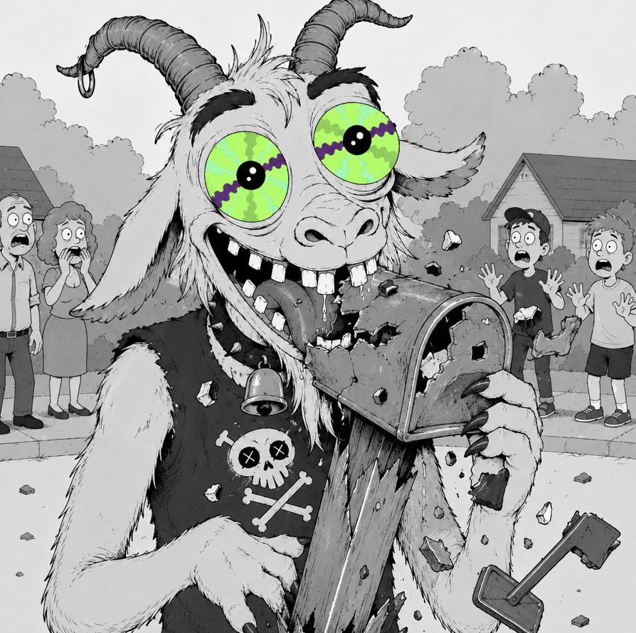 GOATRA_WoW's tweet photo. The locals tried to scare GOATRA away. He stared at them for a few seconds… then destroyed their mailbox like it had personally offended him. That was the exact moment the city realized the goat was staying.

 #GOATRA #Solana #Pump https://t.co/VXMY8iKUWV