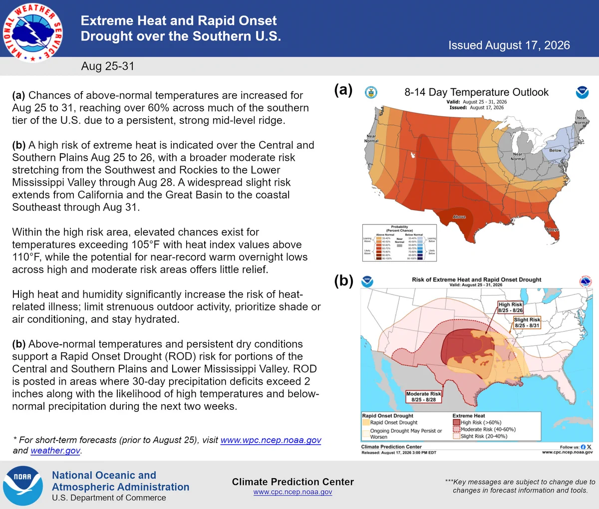 Key Message for Extreme Heat and Rapid Onset Drought over the Southern U.S. issued Aug 17, 2026. For Aug 25 to 31, over 60 percent chances of above-normal temperatures are indicated across much of the Southwest, Central, and Southern U.S. 70 to 80 percent chances of above-normal temperatures are indicated over southwestern Texas. A high risk (greater than 60 percent chance) of extreme heat covers the parts of the Southern and Central Plains, adjacent areas of the Mississippi Valley Aug 25 to 26. Moderate risk (40 to 60 percent chance) of extreme heat indicated for much of the Central and Southern Plains, Rockies, Desert Southwest, parts of the Middle and Lower Mississippi Valley, and adjacent parts of the Southeast Aug 25 to 28. Slight risk (20 to 40 percent chance) of extreme heat indicated for portions of the Southwest, Great Basin, Rockies, Central and Southern Plains, Middle and Lower Mississippi and Tennessee Valleys, and Southeast  Aug 25 to 31. Rapid Onset Drought (ROD) risk for