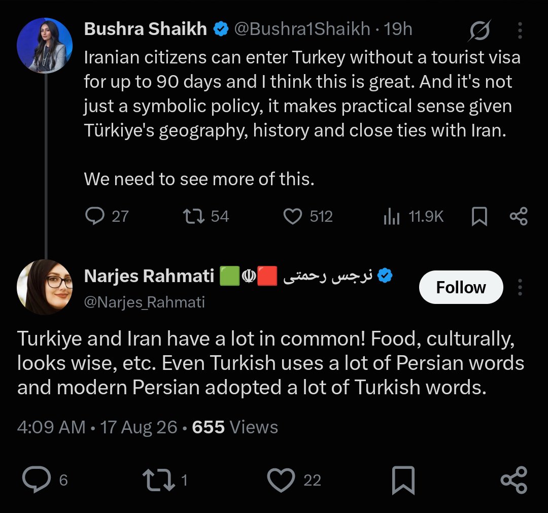 H0seiu's tweet photo. Persian ruled Ottoman Turkish for centuries. Turkish is still full of Persian words. Modern Persian didn’t “adopt a lot of Turkish words” pure historical illiteracy.

Bushra treating a basic visa exemption like civilisational romance is peak outsider cosplay!

#Fislam https://t.co/qN1fdmFeUc