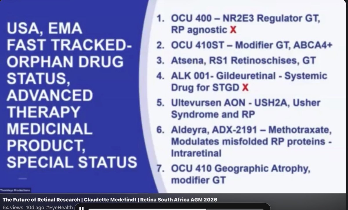 BRexNew's tweet photo. 10 days ago! Fast Track - Things happening, we don’t see it.

The Future of Retinal Research | Claudette Medefindt | Retina South Africa AGM 2026

* CHINA advancing rapidly investing in Gene therapy.
* UKIRDC Gene Therapies RP, Stargardt

https://t.co/fQloocPQKa
#OCU400 $OCGN https://t.co/dbyc5zB5lf