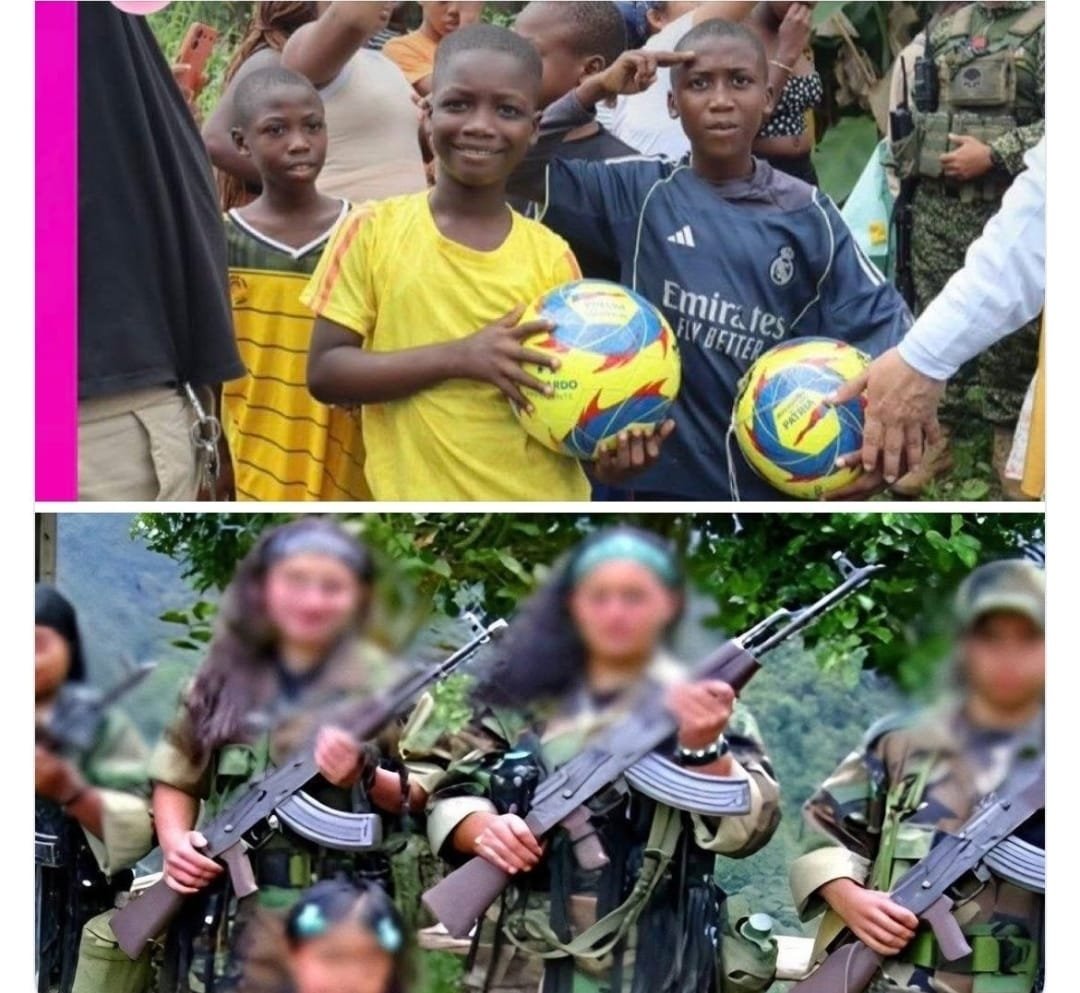 Emergencia27's tweet photo. La imagen de los niños de abajo es lo mejor es lo justo, tienen un juguete para divertirse, eso les encanta y aplauden los petristas.
 los de arriba son criminales qué les están dando una arma para matar en medio del caos. https://t.co/M4DfHnBlXg