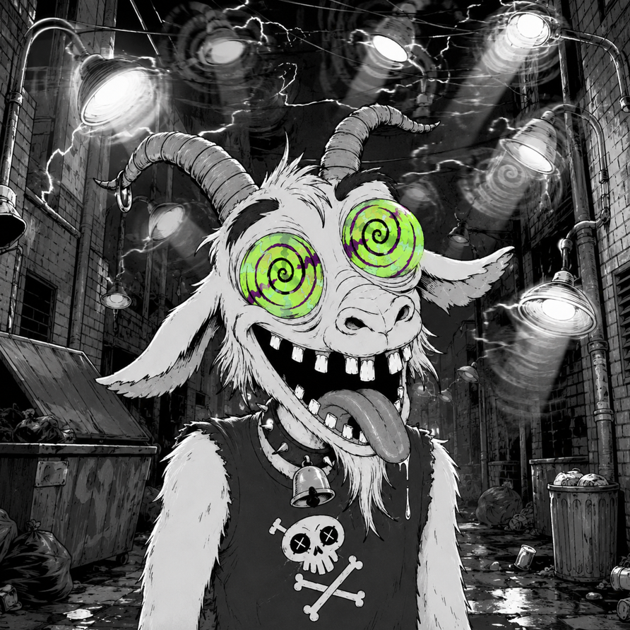 GOATRA_WoW's tweet photo. When GOATRA's eyes start spinning, reality stops following the rules. Streetlights glitch, alarms sing, dogs yell at walls, and machines start giving things away for free. Nobody understands the signal GOATRA included.

 #GOATRA #Solana #Pump https://t.co/wp3btDj14G