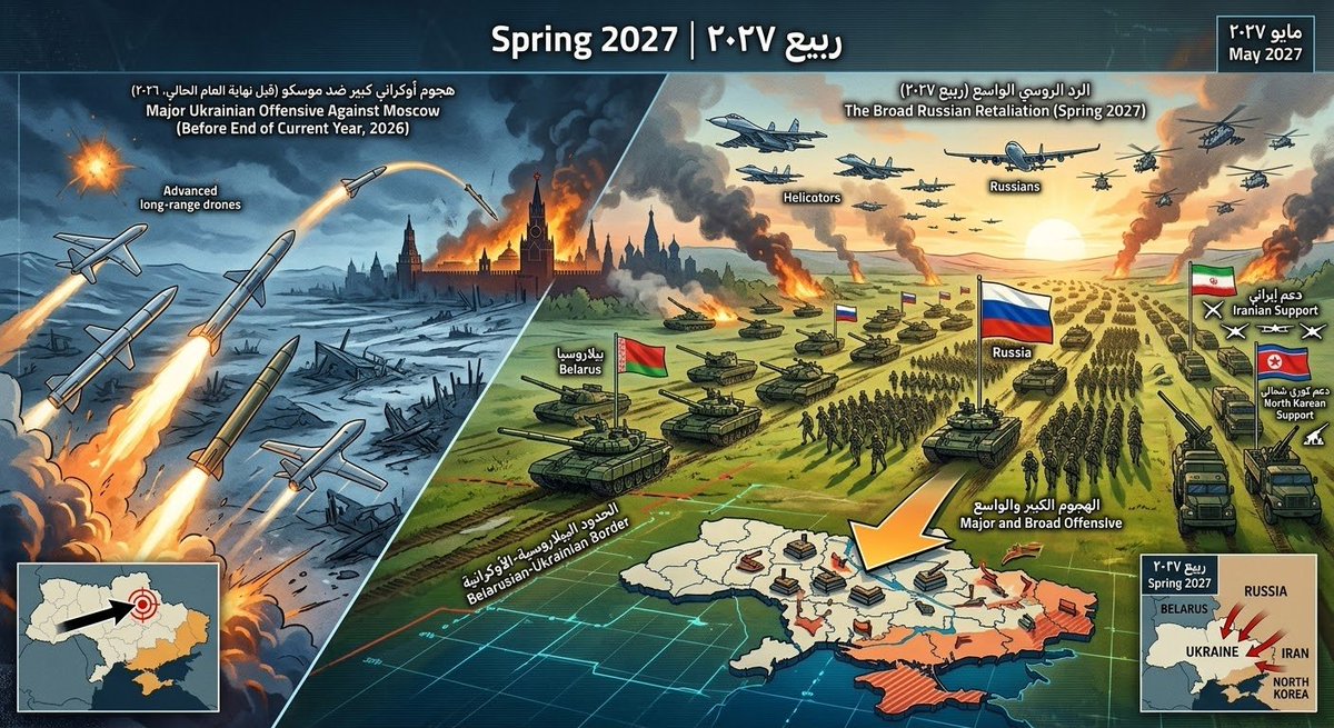 alhamila1986's tweet photo. "Spring 2027: Before the end of the current year (2026),#Ukraine will launch a major offensive against #Moscow.
In response, #Russia will execute a massive, broad counter-offensive in upcoming spring of 2027, in cooperation with Belarus and supported by #Iran &amp; North Korea." https://t.co/DZZJDVDY6p