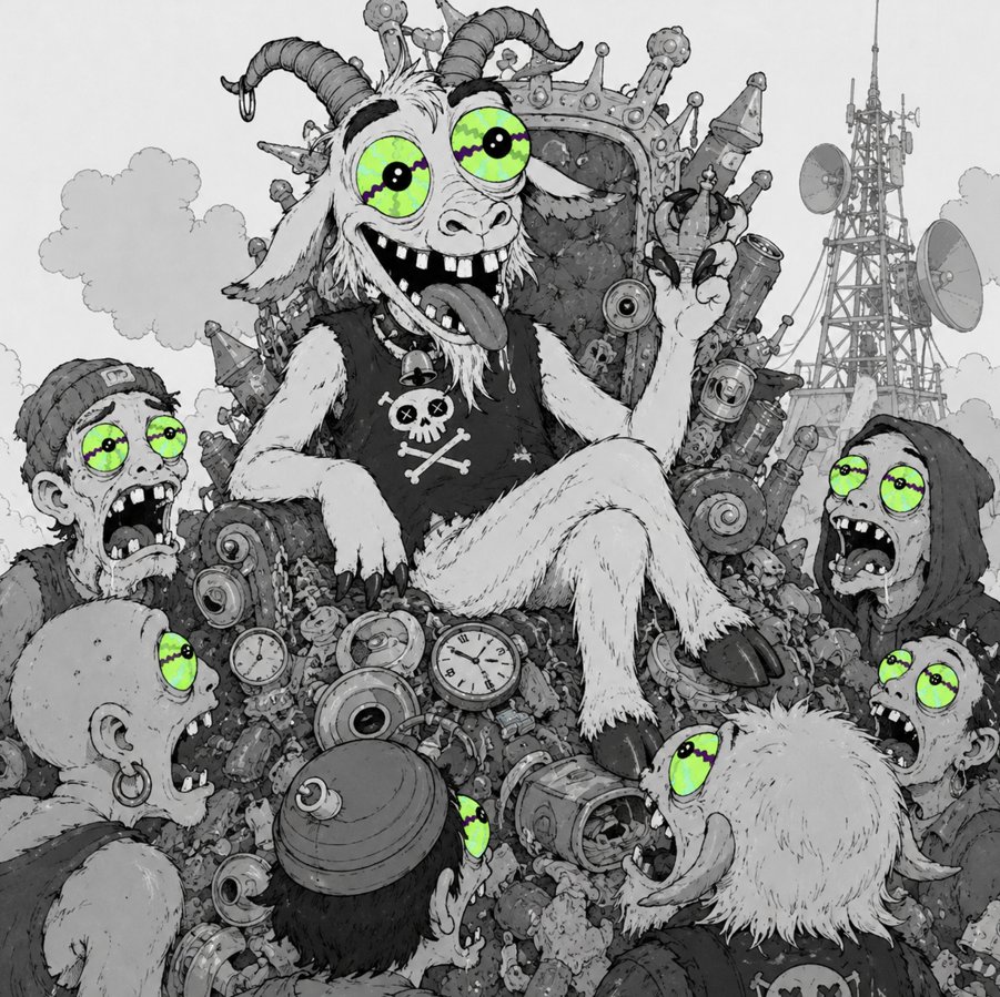 GOATRA_WoW's tweet photo. Broken watches. Bent coins. Empty cans. Things everyone else threw away became GOATRA's treasure until the crazy bastard built himself a throne from all of it.
Trash to you. Kingdom to GOATRA.

 #GOATRA #Solana #Pump https://t.co/LVuAHqtY1h