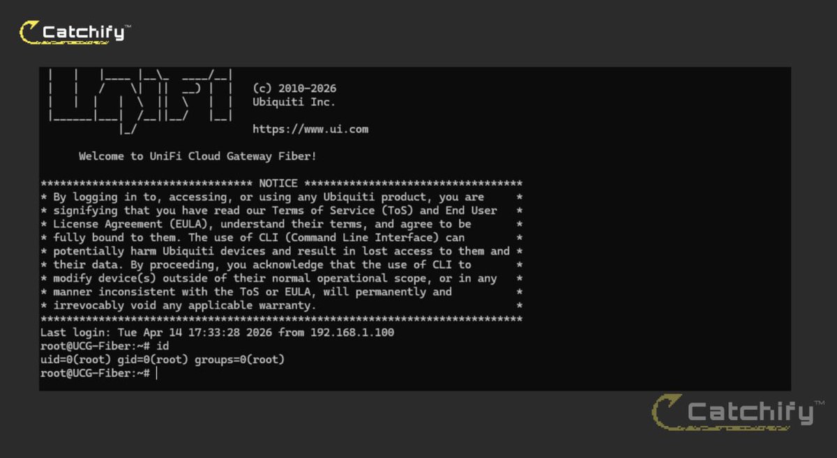 luckyhacker43's tweet photo. $42,751 Ubiquiti Inc. Bug Bounty 🤑

Pre-Auth RCE in UniFi OS - CVE-2026-34909: One Request to Root Behind Seven Products by Catchify Security 🤯🔥

🔗 https://t.co/fqikOFoM3g

CVEs
🔗 https://t.co/dOlyBjqBnU
🔗 https://t.co/EoTcAOEmkn
🔗 https://t.co/YzgkyELSGh
Join team 👉https://t.co/CRSus3yB9T
