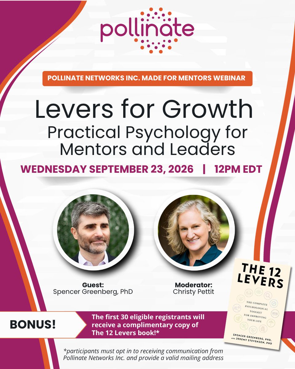 PollinateNet's tweet photo. Join us for this FREE webinar on Sept 23 12ET, featuring Dr. @SpencrGreenberg, co-author of The 12 Levers: The Complete Psychological Toolkit for Improving Your Life. 

https://t.co/Y5ZiBz0LBu https://t.co/v2NGnNVtnc