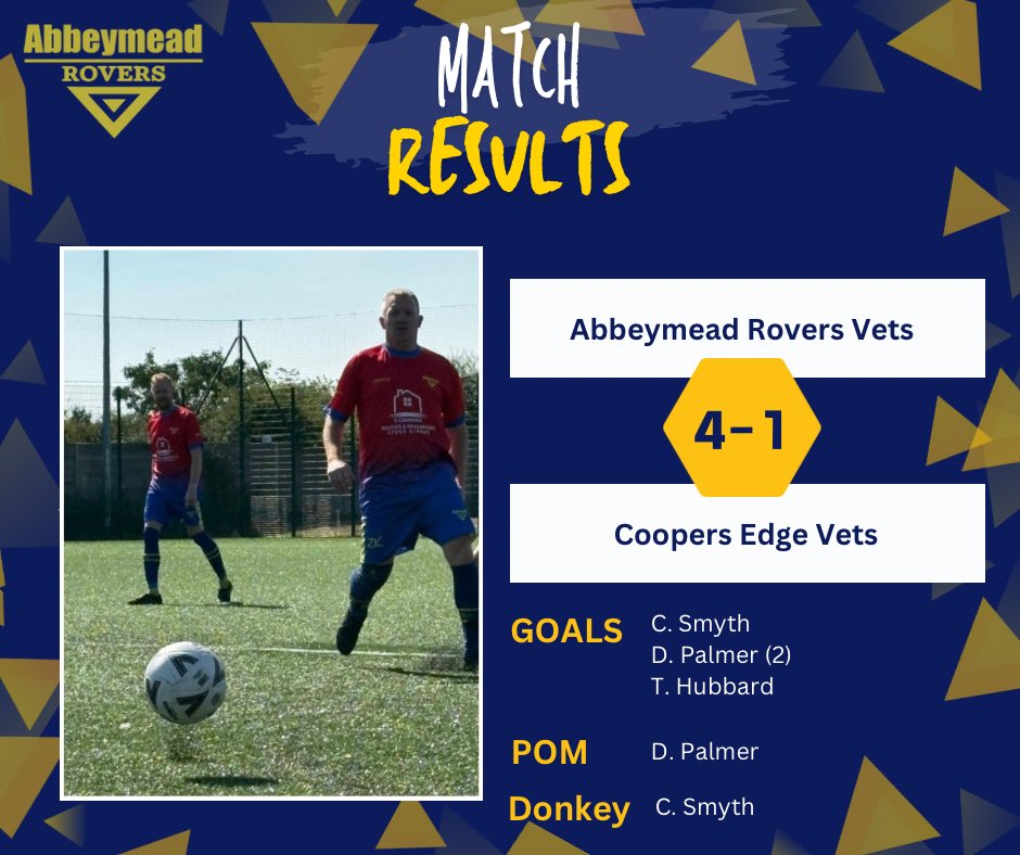 abbeymeadrovers's tweet photo. The Abbeymead Rovers Vets team returned to action this past weekend against local rivals @coopersedgefc in what was a very competitive friendly - with Mead Vets running out 4-1 winners on the day 💪🏻

#upthemead 🟡🔵 https://t.co/Eq4hDx8uss