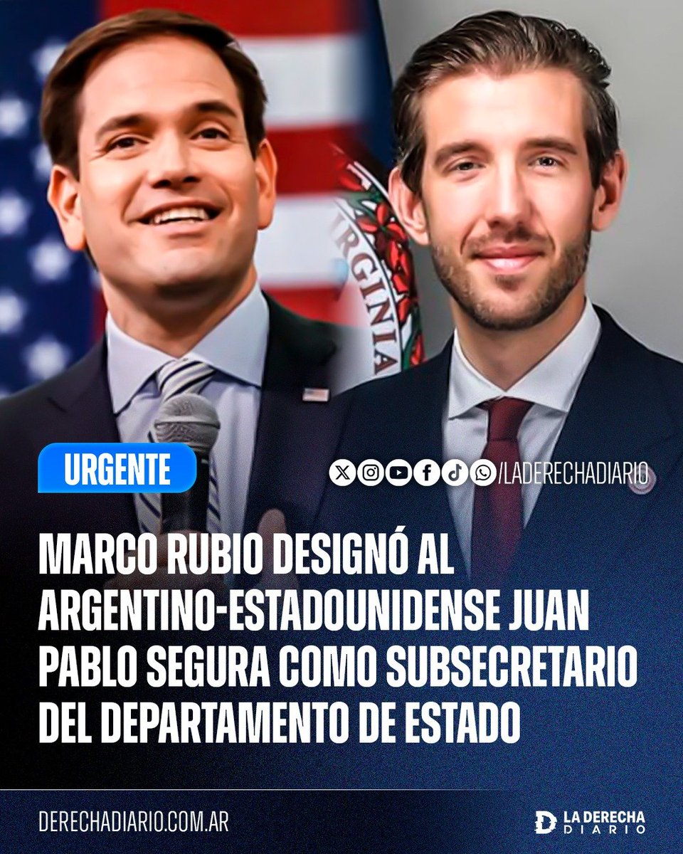 laderechadiario's tweet photo. 🚨🇺🇸🇦🇷 | EXCELENTE NOTICIA PARA ARGENTINA Y LA REGIÓN: Marco Rubio designó al argentino-estadounidense Juan Pablo Segura como subsecretario de Estado para Asuntos del Hemisferio Occidental, desde donde trabajará junto a su equipo para impulsar la agenda de Donald Trump en la región, combatir a los cárteles y narcoterroristas, promover la prosperidad de Estados Unidos y sus socios y reforzar la seguridad fronteriza.

"Es un gran honor servir al presidente Trump, al secretario Rubio y al pueblo estadounidense como subsecretario de Asuntos del Hemisferio Occidental. Junto con un equipo excepcional, avanzaremos la visión del presidente Trump para nuestra región, que esté libre de cárteles y narcoterroristas, que cree prosperidad para los estadounidenses y nuestros socios, y que asegure nuestras fronteras. ¡Listo para ponerme a trabajar!".