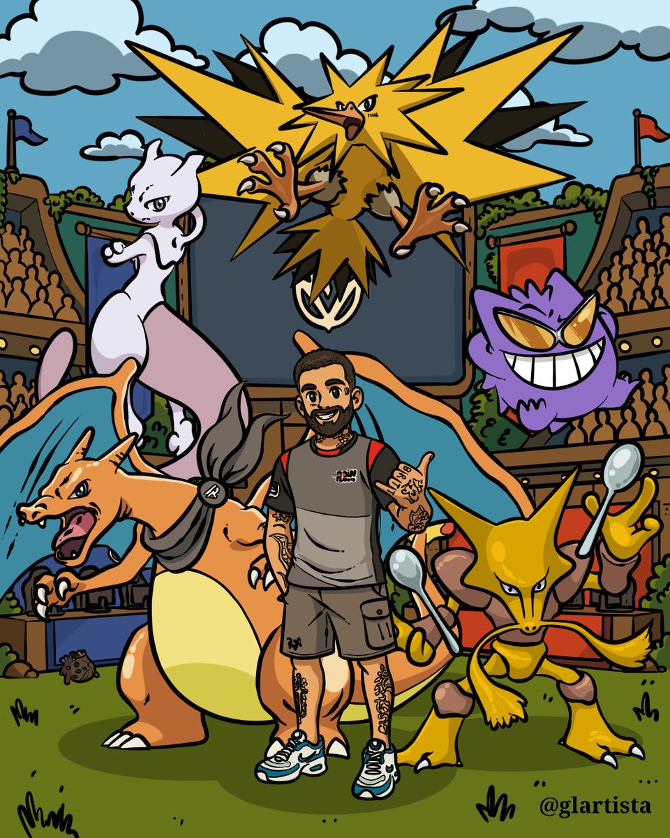 glartista's tweet photo. ARTE POKÉMON PARA @brttOficial 

Ele escolheu o time e eu fiz. 

O maior jogador brasileiro de LOL transformado em treinador pokémon, junto com seus companheiros: Charizard, Mewtwo, Zapdos, Gengar e Alakazam por que o pai gosta é de pokémon forte 😎

Muito feliz em fazer isso❤️ https://t.co/zLAQr8AbuV