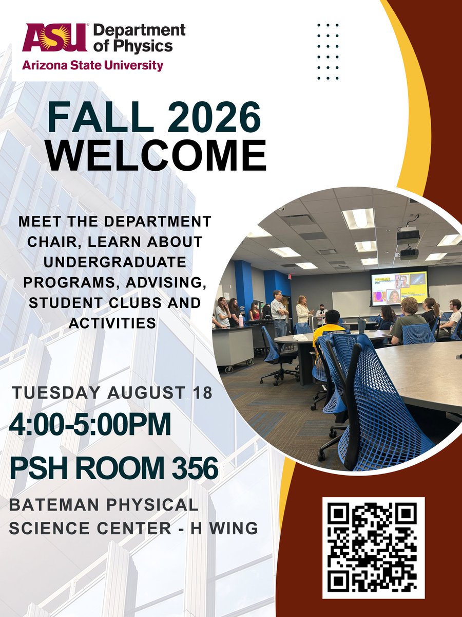 ASUPhysics's tweet photo. π Welcome, New ASU Physics Students! βοΈπ
We canβt wait to meet you! π
Join us tomorrow at 4 PM in PSH 356 to:
β¨ Meet fellow Physics students
βοΈ Learn more about the ASU Physics community
π¬ Watch some awesome science demonstrations from P.I.R.T. #ASUPhysics https://t.co/MS8nerE8ef