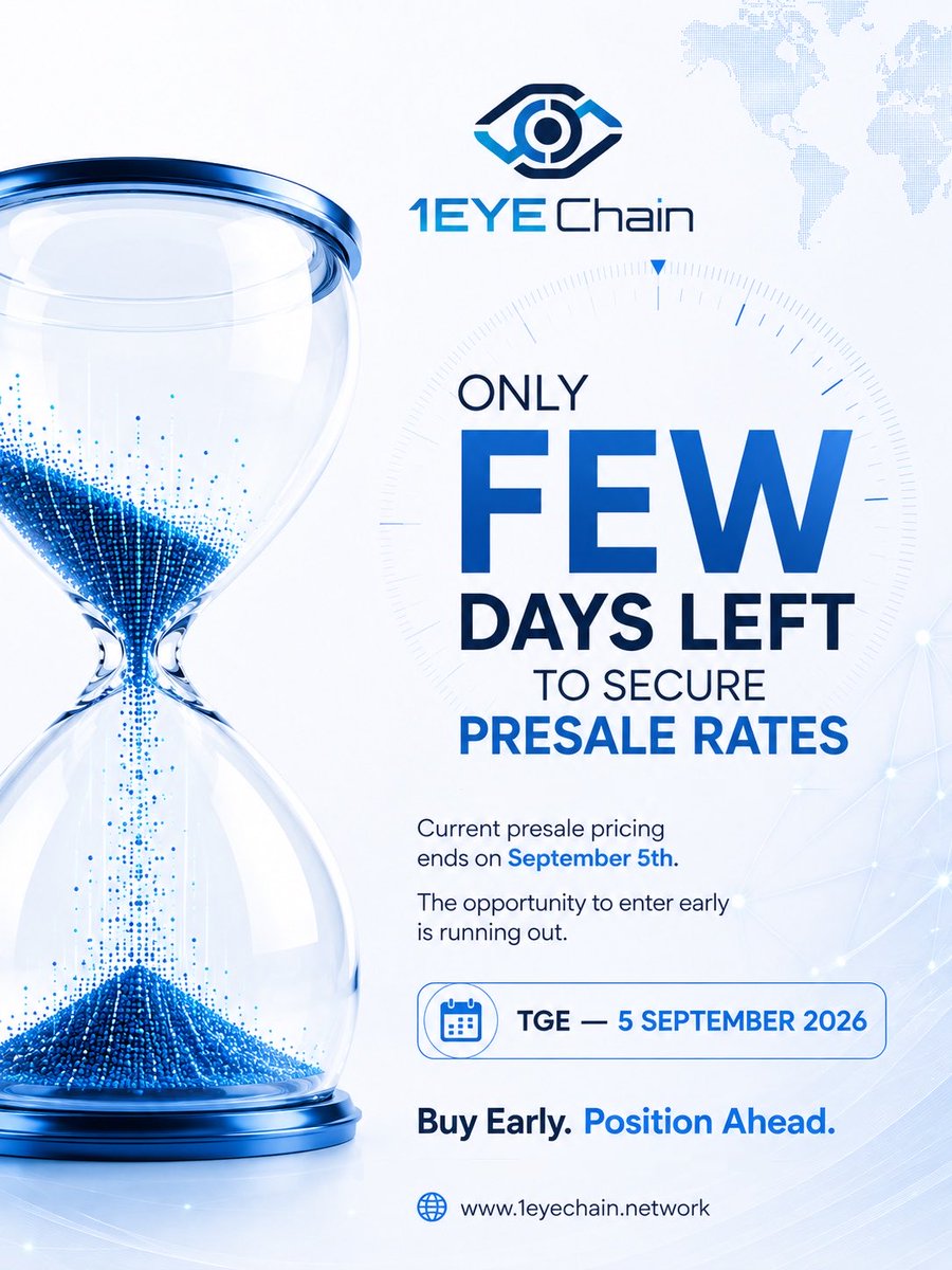 1eyechain's tweet photo. Every major opportunity has a window.

THIS IS YOURS!!!

With only a few days remaining before we officially launch, take this as a sign and invest in your future as the current presale rates are approaching their final countdown.

Secure your position before the market catches up.

⏳ 5th September 2026

Official website of 1EYE Chain: 
https://t.co/N0uxmPHT7B

Official Telegram channel Link: 
https://t.co/3GoQuESrEn

Official Discord Link: 
https://t.co/9MDJtoBvOp

#1EyeChain #1EYE #Web3 #Blockchain #Layer1 #AI #Crypto #DeFi #Presale #Coinstore #Web3Innovation