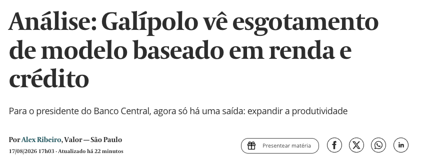 opapoeconomico's tweet photo. Galípolo disse no evento do Santander o que nenhum presidente de BC costuma dizer em ano eleitoral: o modelo de crescimento puxado por renda e crédito esgotou.

O argumento dele, resumido: o Brasil está em pleno emprego com demanda crescendo acima da oferta. Continuar estimulando consumo por salário mínimo real e crédito subsidiado — a receita dos três mandatos Lula — só pressiona inflação e mantém os juros altos.

A saída, segundo Galípolo, é pelo lado da oferta: produtividade. Crescer sem pressionar a capacidade instalada. Ele não disse quais reformas — invocou a independência do BC pra não entrar na seara dos candidatos.

Mas a prescrição está implícita, e o Valor resumiu bem: é um recado pro próximo governo. O modelo que funcionou em 2003 bateu no muro em 2026. Quem herdar o país vai ter que fazer o crescimento pelo lado mais difícil.