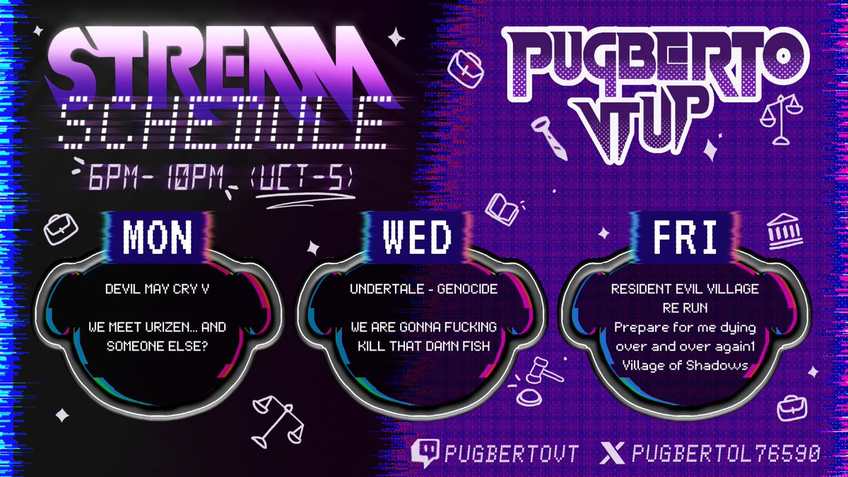 PugbertoL76590's tweet photo. THE SCHEDULE HAS BEEN UPDATED!

⚔️ MON — 6PM–10PM (UTC-5)
Devil May Cry V 
💀 WED — 8PM–11PM (UTC-5)
UNDERTALE: Genocide Route
🏚️ FRI — 8PM–11PM (UTC-5)
Resident Evil Village — Village of Shadows 

See you in Court. ⚖️🐶
Credits: https://t.co/totjjUHzCv
https://t.co/9kVrVn2nRP https://t.co/PxgPNBEr5X