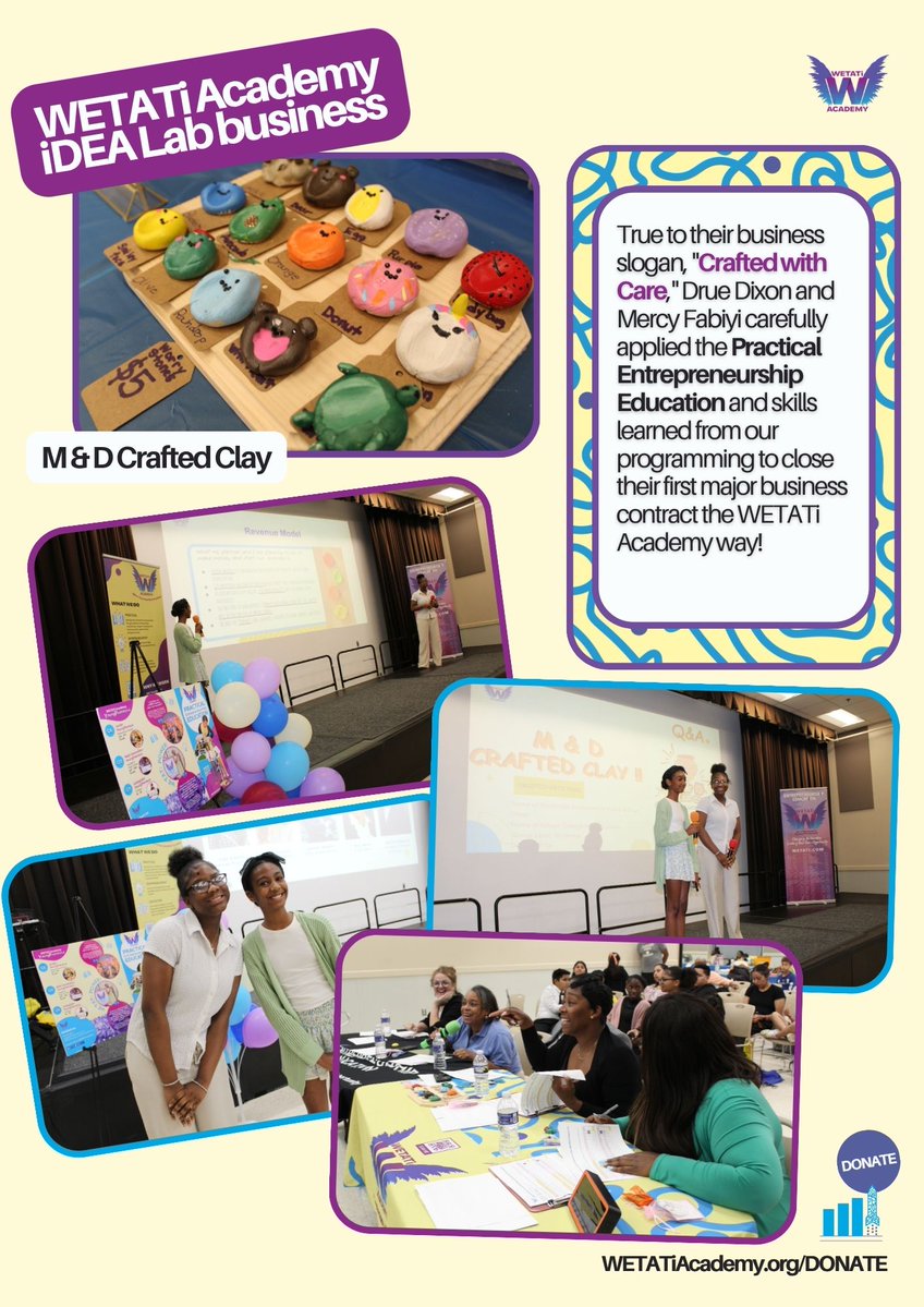 Wetati's tweet photo. Meet WETATi Academy YoungPreneurs students Drue Dixon and Mercy Fabiyi, who Co-Founded M &amp; D Crafted Clay.  Join us on September 12th to see if  Drue and Mercy will win seed money for their WETATi Academy iDEA Lab business, M &amp; D Crafted Clay.💜💙💛 👇

https://t.co/86sIjlOfL7 https://t.co/MQLvn0DJIM