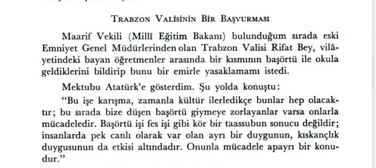 lordsinov's tweet photo. Dönemin Milli Eğitim Bakanı Yusuf Hikmet Bayur, Atatürk'ün okula baş örtülü gelen öğretmenlere müdahale edilmesine karşı çıktığını anlatıyor. https://t.co/Es0675JoXL