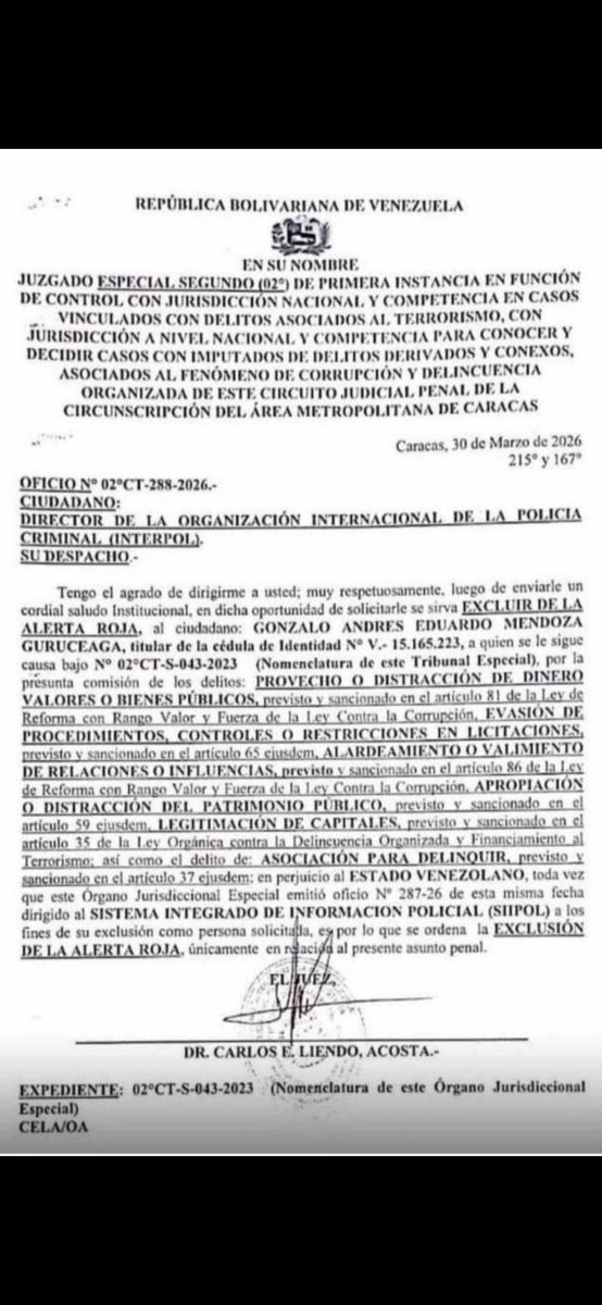 MundarayZair's tweet photo. #CORRUPCIÓN El juez de terrorismo Carlos Liendo, quien se ha encargado de perseguir a gran parte de la disidencia política venezuela, ordenó excluir del sistema de alerta roja de INTERPOL a Gonzalo Andrés Eduardo Mendoza Guruceaga, quien se encontraba solicitado por su presunta participación en varios delitos contra el patrimonio público, legitimación de capitales y asociación para delinquir. Cabe destacar que las personas de este caso (caso Convit) se han podido "defender" desde el exterior, lo cual le ha sido negado al resto de los venezolanos. Hasta cuando será la impunidad de este "juez"?