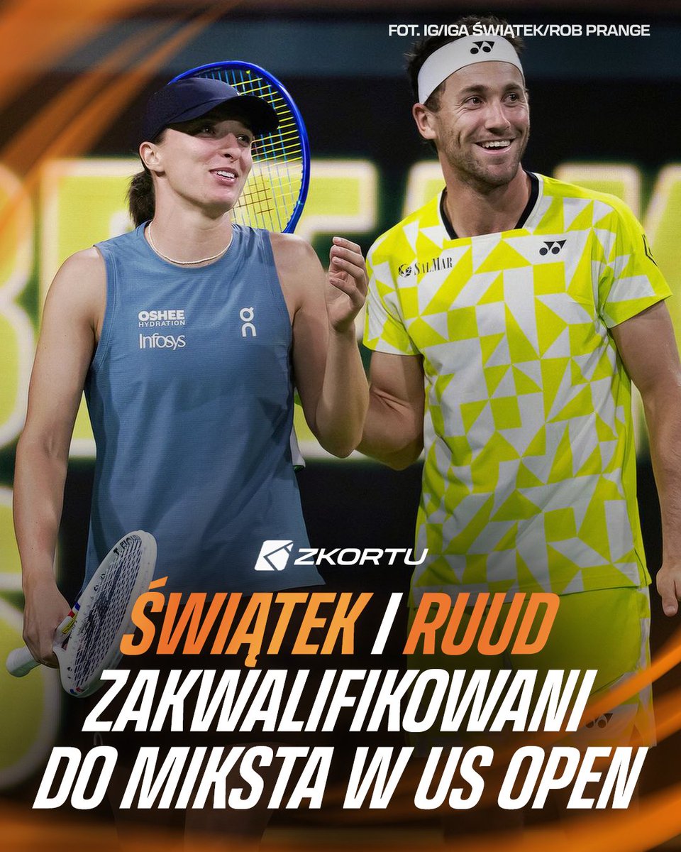 z_kortu's tweet photo. Iga Świątek i Casper Ruud znaleźli się na liście duetów, które zakwalifikowały się do miksta w US Open na podstawie rankingu ✅

Kwalifikacja na podstawie rankingu:
Aryna Sabalenka i Novak Djokovic
Jelena Rybakina i Taylor Fritz
Diana Sznajder i Daniił Miedwiediew
Iga Świątek i Casper Ruud
Belinda Bencic i Flavio Cobolli
Amanda Anisimova i Learner Tien

Dzikie karty:
Alexandra Eala i Felix Auger-Aliassime
Leylah Fernandez i Frances Tiafoe
Taylor Townsend i Alexander Zverev
Elina Switolina i Gael Monfils
Sara Errani i Andrea Vavassori
+ trzy, które zostaną ogłoszone

Kwalifikacje:
Katerina Siniakova i Henry Patten
Gabriela Dabrowski i Harri Heliovaara
Luisa Stefani i Neal Skupski
Aleksandra Krunic i Mate Pavic
Jelena Ostapenko i Marcelo Arevalo
Erin Routliffe i Lloyd Glasspool
+ dwie dzikie karty, które zostaną ogłoszone

W turnieju głównym weźmie udział 16 par (6 z rankingu, 8 dzięki dzikim kartom i 2 z kwalifikacji).

📸 IG/Iga Świątek/Rob Prange | #USOpen | #zkortu