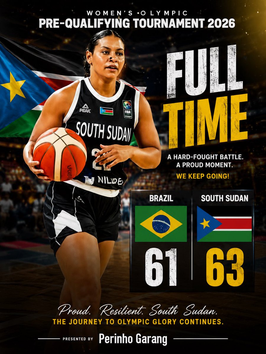 Perinho_Garang's tweet photo. What a finish! 🇸🇸🔥
South Sudan Women’s Basketball team defeats Brazil 63–61 in a thrilling Olympic Pre-Qualifying Tournament 2026 battle! 🏀
Proud. Resilient. South Sudan. 🇸🇸💪🏾
#SouthSudan #BrightStars #Basketball https://t.co/DWf1B27W7w