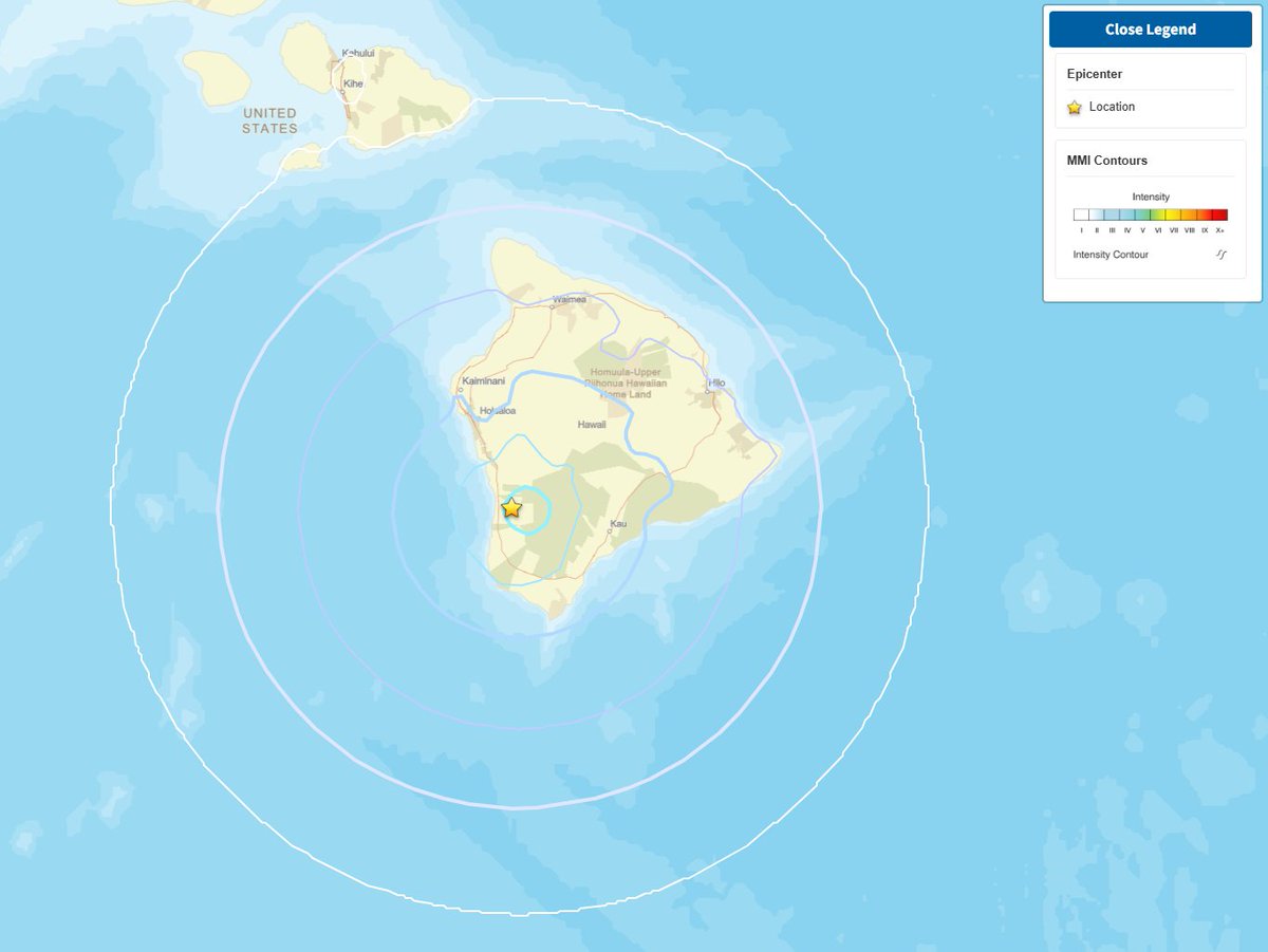 USGSVolcanoes's tweet photo. Hawaiian Volcano Observatory Information Statement
Monday, August 17, 2026, 10:07 AM HST

On Monday, August 17, 9:24 a.m. HST, a magnitude-4.1 earthquake occurred 10 mi (16 km) south-southeast of Hōnaunau-Nāpōʻopoʻo on the Island of Hawaiʻi at a depth of 14 mi (23 km) below sea level. This event is likely an aftershock of the magnitude-6.0 that occurred on May 23, 2026. The earthquake had no apparent impact on either Mauna Loa or Kīlauea volcanoes.

DETAILS:
▶️ Magnitude: 4.1
▶️ Date and Time: August 17, 2026, at 9:24 a.m. HST
▶️ Location: 10 mi (16 km) SSE of Hōnaunau-Nāpōʻopoʻo
▶️ Depth: 14 mi (23 km) below sea level
▶️ Aftershocks are possible in the coming days to weeks
▶️ No damage to buildings or infrastructure expected based on earthquake intensity
▶️ More than 93 felt reports within the first hour, mostly across the west of Island of Hawaiʻi with a few reports from Maui and O‘ahu

The USGS Hawaiian Volcano Observatory continues to monitor Hawaiian volcanoes for any changes.

📷: Contours of shaking intensity (maximum of IV n the Modified Mercalli Scale) from the M4.1 earthquake on the Island of Hawaiʻi on August 17, 2026, at 9:24 a.m. HST.  Yellow star is earthquake location.