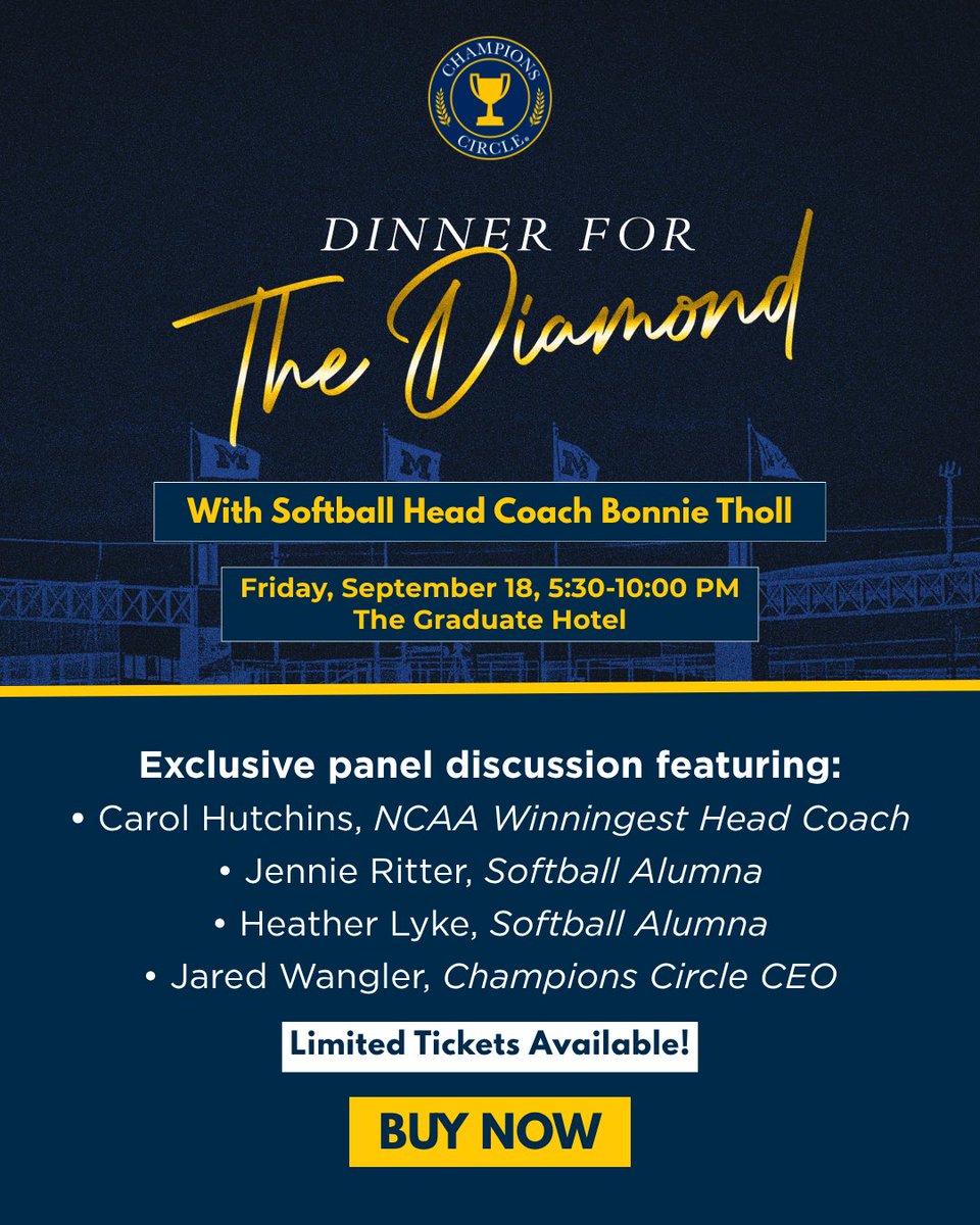 ChampCircleUofM's tweet photo. You’re invited to join @umichsoftball Coach @btholl for the first ever Dinner for the Diamond on Friday, September 18 at the Graduate Hotel!

The night will feature a cocktail hour, dinner, short program, auction &amp; panel w/ special guests. 〽️🥎

Tickets » https://t.co/UCOvpIGkUV https://t.co/vVJKm8Tim2