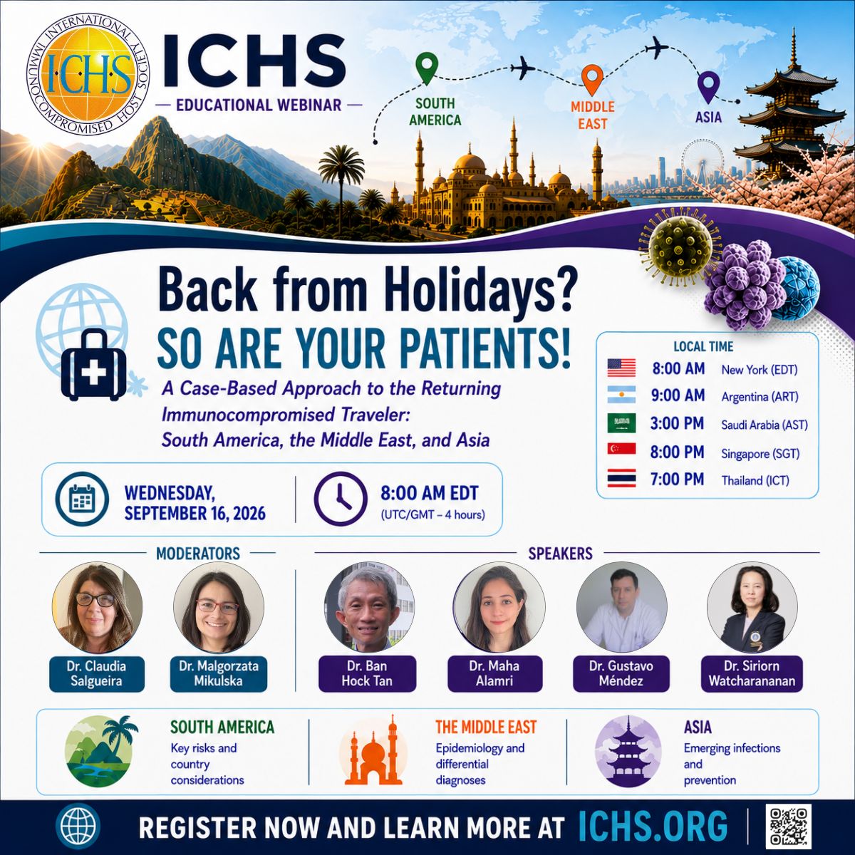 IchsGlobal's tweet photo. New Upcoming session! Join ICHS for this webinar where we will present a case-based approach to evaluating immunocompromised travelers returning from holidays. Information &amp; registration at https://t.co/PYzvKL2YCi https://t.co/TjDSM98Y08