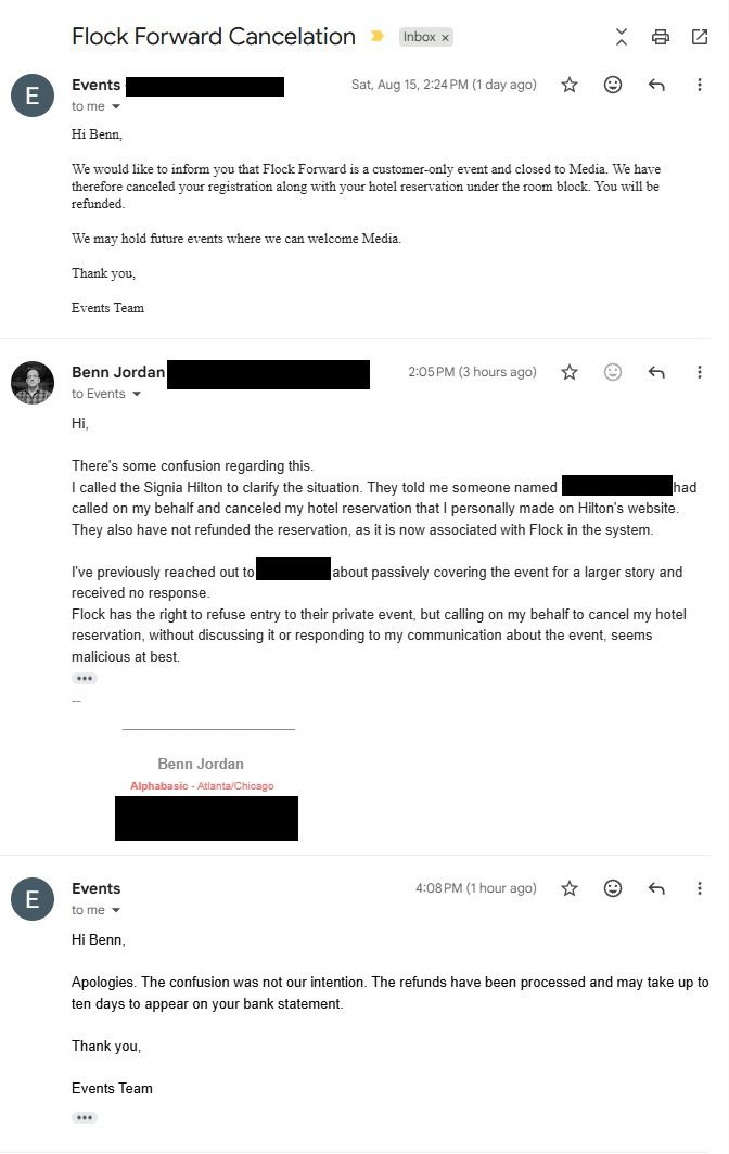 IntCyberDigest's tweet photo. Flock has banned ticket-holding journalists from their Flock Forward public conference. They then contacted the hotel to cancel journalist and YouTuber Benn Jordan’s personal booking on his behalf, telling him he’ll get a refund in 10 days. https://t.co/QgfvJLT5WA
