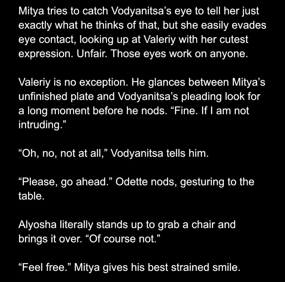 sarosficial's tweet photo. i have a LOT of wips in progress but right now i’m working on a 5tellar fic where the gang is trying to woo valeriy in increasingly unsubtle ways and he’s oblivious
and ofc also the next chapter of my ongoing modern college au (crack) chatfic… here r snippets from both! https://t.co/CwYfMqhWAu