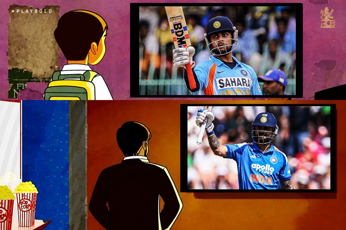 RCBTweets's tweet photo. The school uniform's turned into work attire. Racing home to catch the toss turned into catching highlights on a lunch break. Even the screen got smaller. But the feeling watching him play? 🥹

Still. Exactly. The. Same. 🐐

1️⃣8️⃣ years of #1️⃣8️⃣ in Indian Blue. 🇮🇳

#PlayBold #ನಮ್ಮRCB