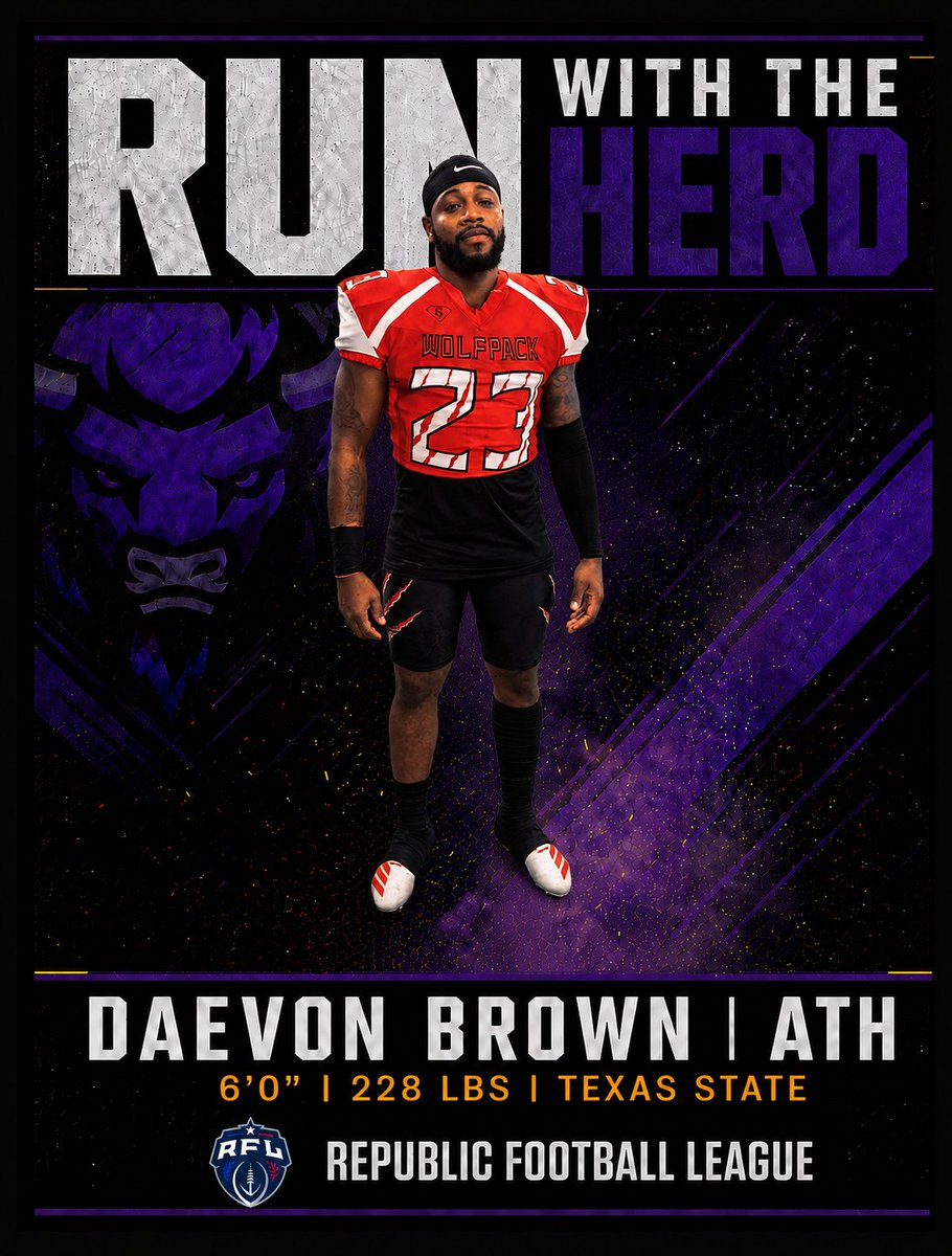 roundrockbison's tweet photo. RUN WITH THE HERD 🦬

The Round Rock Bison welcome ATH Daeveon Brown! The explosive 6’0”, 200 lb athlete out of Texas State most recently played for the Leander Wolfpack, helping lead them to a championship.
#RunWithTheHerd #RoundRockBison #RoundRock #RepTheLeague https://t.co/r25ZP1TZtP