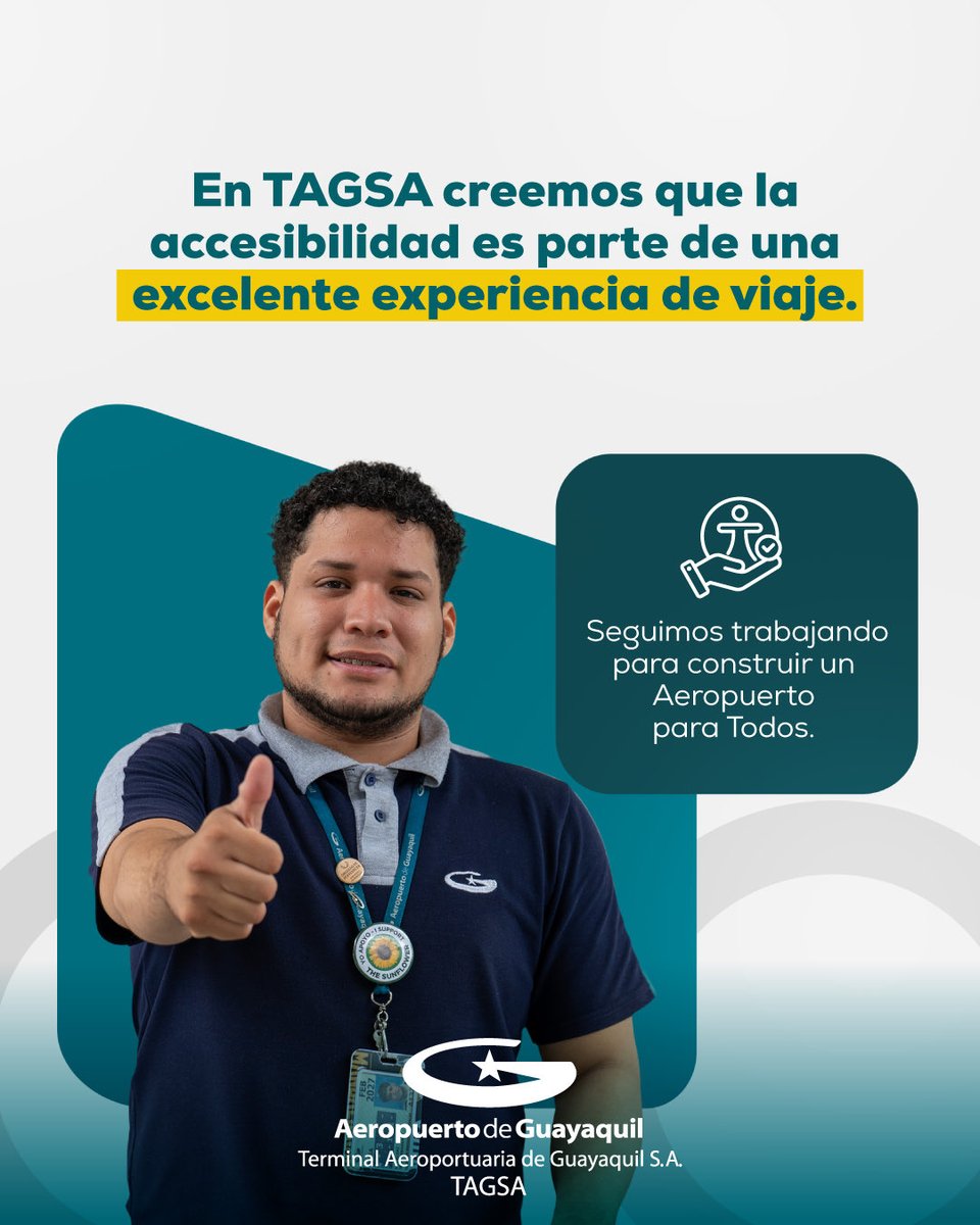Aeropuerto_GYE's tweet photo. Viajar debe ser una experiencia segura, cómoda e inclusiva para cada pasajero, por eso, reafirmamos nuestro compromiso por construir #UnAeropuertoParaTodos 🌻🫶
#AeropuertoDeGuayaquil #ACI #Accesibilidad #SomosTAGSA https://t.co/XZKaPybB3S
