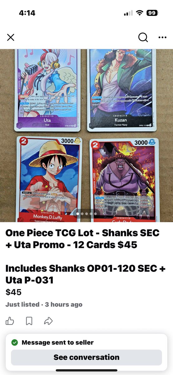Rickazo03's tweet photo. BE AWARE FACEBOOK SCAMS🚨 I was scrolling thru Facebook and found this guy selling fake cards to people. Please don’t fall for this and don’t buy any cards from this person.
#onepiecetcg #tcg https://t.co/3ZFsfHlIUT