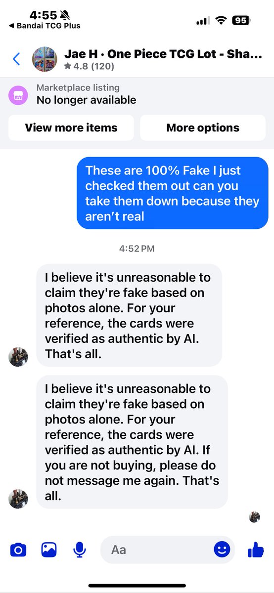 Rickazo03's tweet photo. BE AWARE FACEBOOK SCAMS🚨 I was scrolling thru Facebook and found this guy selling fake cards to people. Please don’t fall for this and don’t buy any cards from this person.
#onepiecetcg #tcg https://t.co/3ZFsfHlIUT