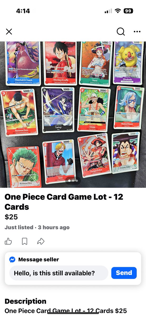 Rickazo03's tweet photo. BE AWARE FACEBOOK SCAMS🚨 I was scrolling thru Facebook and found this guy selling fake cards to people. Please don’t fall for this and don’t buy any cards from this person.
#onepiecetcg #tcg https://t.co/3ZFsfHlIUT