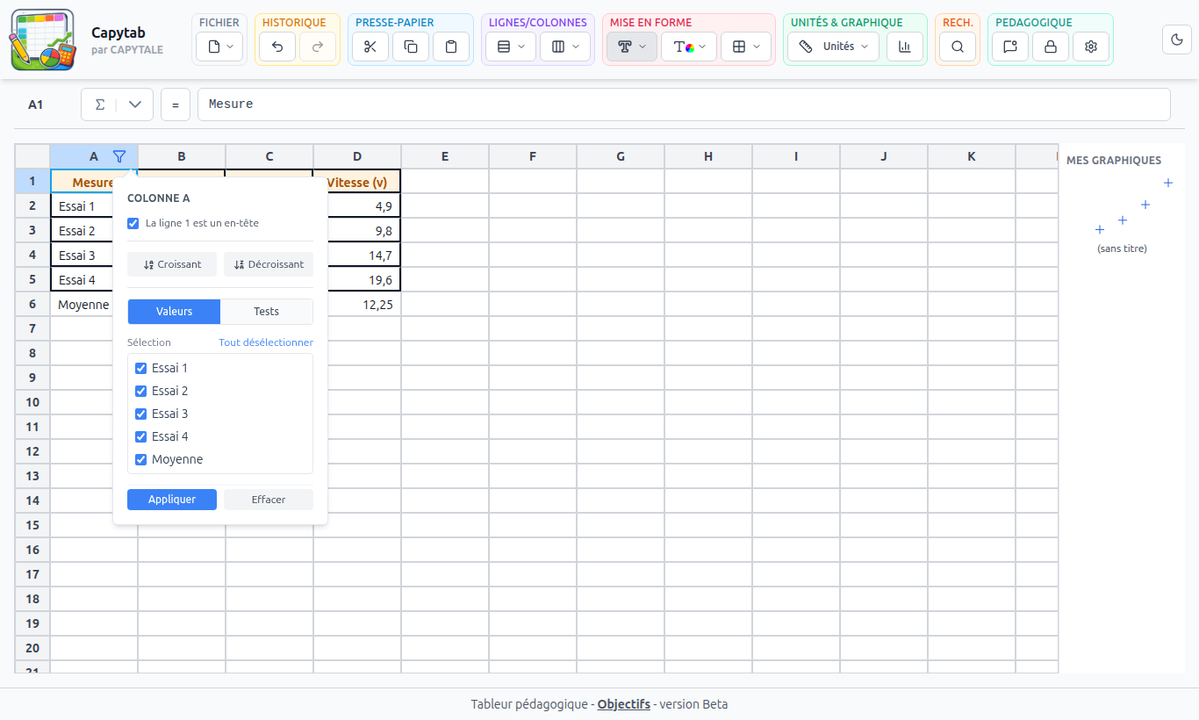 CapytaleFr's tweet photo. 🚀 Nouveau dans #Capytale : Capytab ! 📊
Un tableur 100% web conçu pour les élèves, complet et sans superflu.
✅ Formules et visualisation des dépendances
✅ Graphiques
✅ Gestion des unités physiques
✅ Compatible Excel/LibreOffice (.xlsx, .ods, .csv)

https://t.co/XcgSy1OijZ https://t.co/qqoSvy3ty6