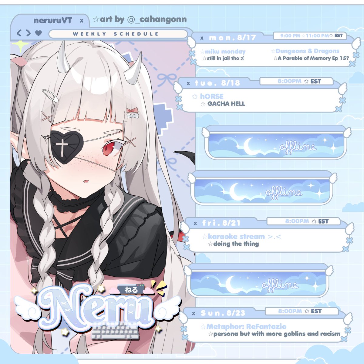 neruruvt's tweet photo. busybusy week~✨ see you there?#vtuber #schedule #envtuber #neruruvt https://t.co/UUHpC2pmom