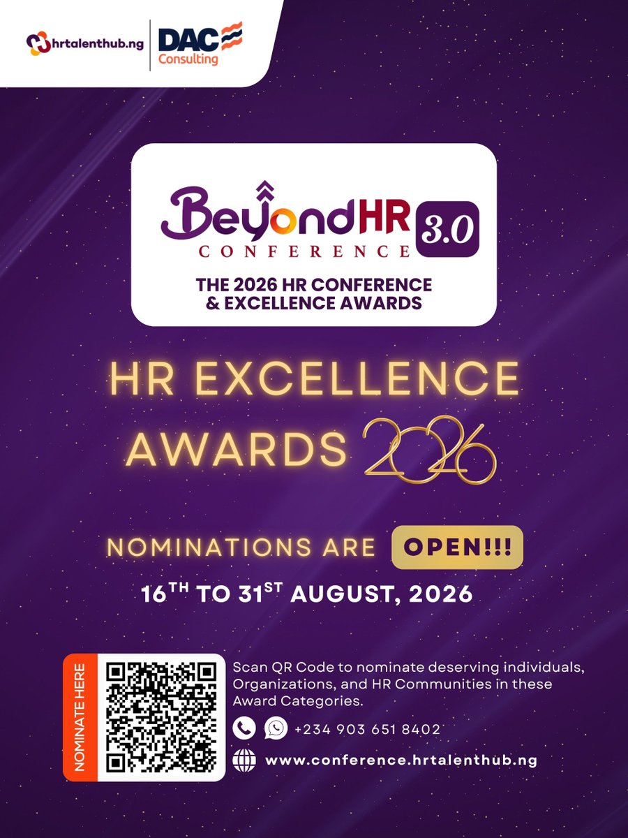 hrtalenthubng's tweet photo. IT’S HERE!!! 📣🏆

Nominations for the *HR Excellence Awards 2026* are officially OPEN!

Know that HR boss who always goes extra? 
That company with amazing people culture? 

Scan the QR code or hit the link in bio to nominate 👆🏽

 #hr #hrprofessional #hrtalenthub https://t.co/sLd65LGLzl