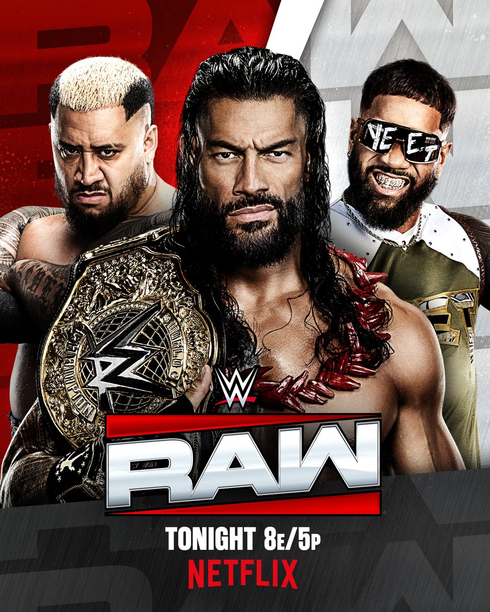 WWE's tweet photo. What will happen when Jey Uso delivers Solo Sikoa back to @WWERomanReigns and The Bloodline TONIGHT on #WWERaw?!

📍: Buffalo, NY
🎟️: https://t.co/IJ1QygwQww
📺: 8 ET/5 PT on @netflix https://t.co/I4OpOoJFuc