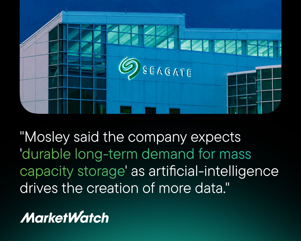 Seagate's tweet photo. The #AI story isn't just about compute—it's also about #data.

@MarketWatch highlights our Q4 performance and the growing need for storage infrastructure as organizations scale generative, agentic and physical AI workloads. 

Read more: https://t.co/eKcQvuZDdU https://t.co/QPnBZAvsUr